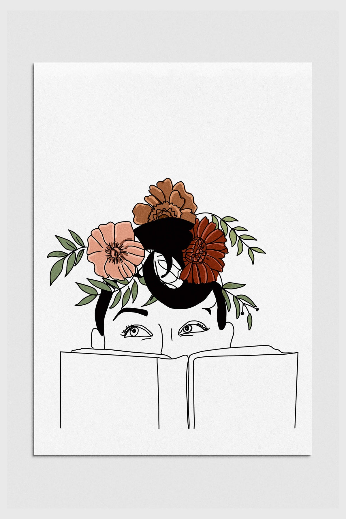 Art print of a serene woman with a floral head engrossed in reading a book, blending literature and nature in art.