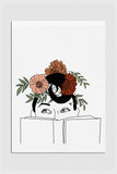 Art print of a serene woman with a floral head engrossed in reading a book, blending literature and nature in art.