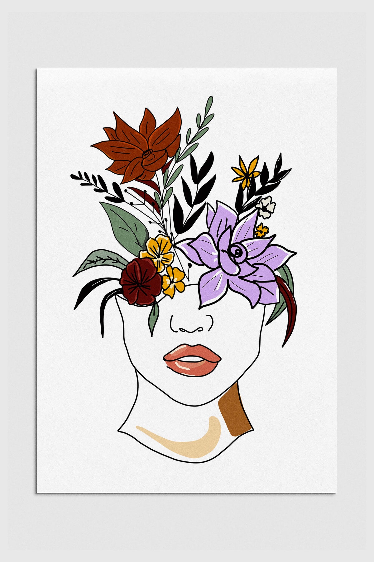 Elegant line art print featuring a woman with a floral headpiece and striking red lips.