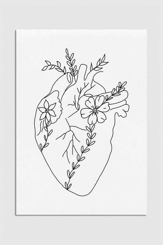 Black and white floral heart wall art print - Elegant botanical anatomy in monochrome, a captivating blend of romance and precision. 2000