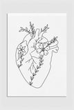Black and white floral heart wall art print - Elegant botanical anatomy in monochrome, a captivating blend of romance and precision.