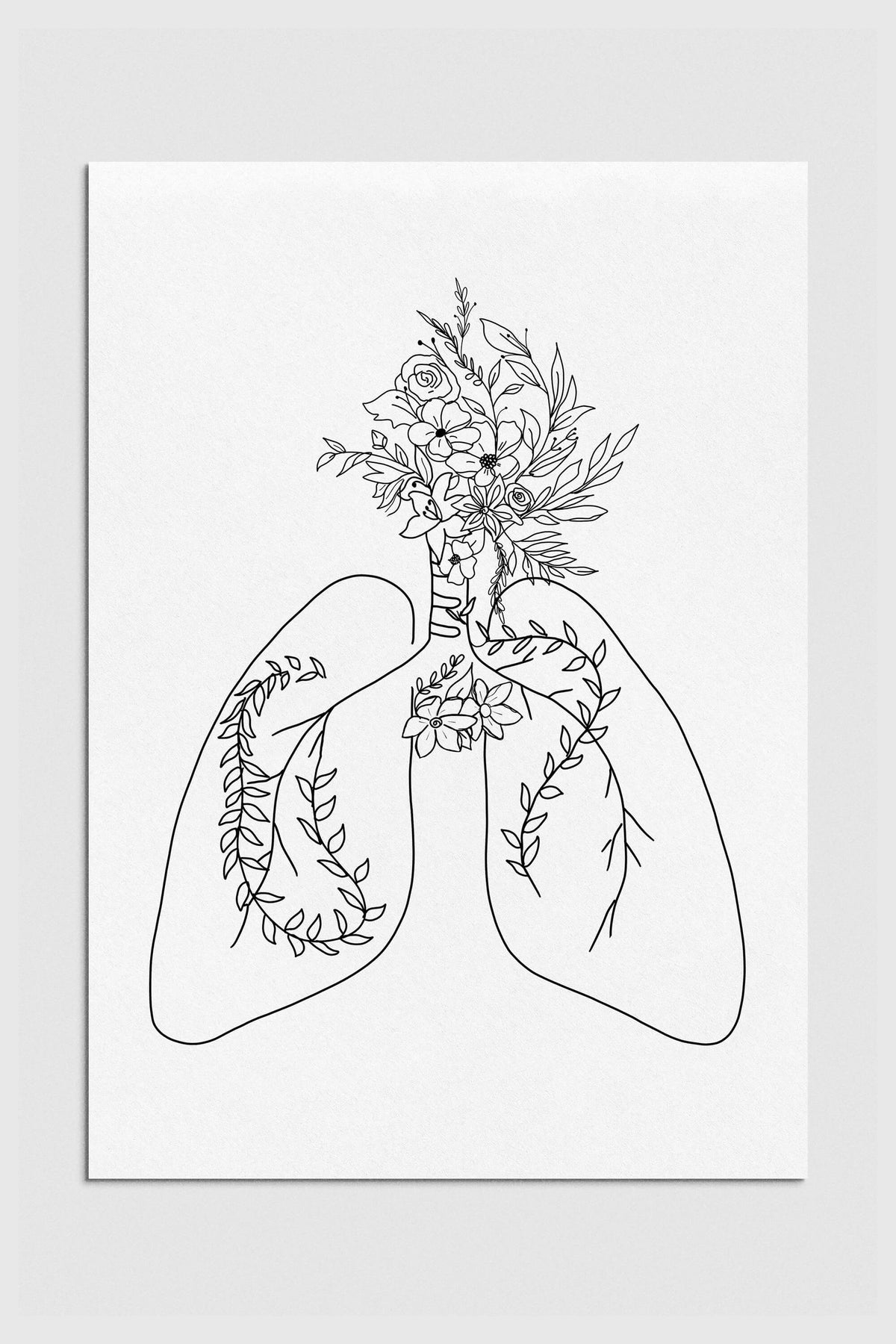 Black and white floral lungs line art print featuring intricate details of lung anatomy in a delicate floral style. Ideal cancer survivor gift with a timeless monochrome palette.