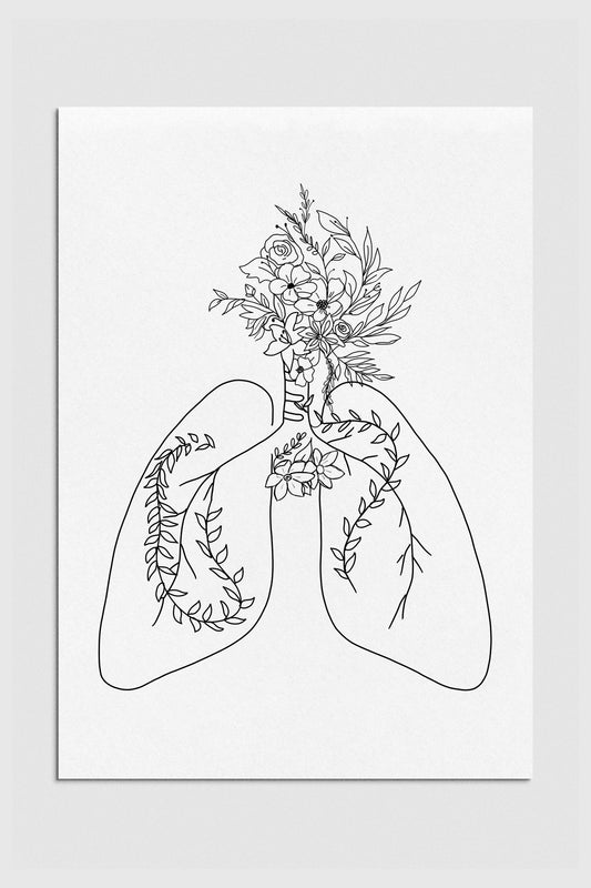 Black and white floral lungs line art print featuring intricate details of lung anatomy in a delicate floral style. Ideal cancer survivor gift with a timeless monochrome palette. 2000