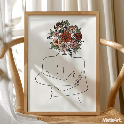 Floral head woman line art print featuring a woman embracing herself with a head of flowers.