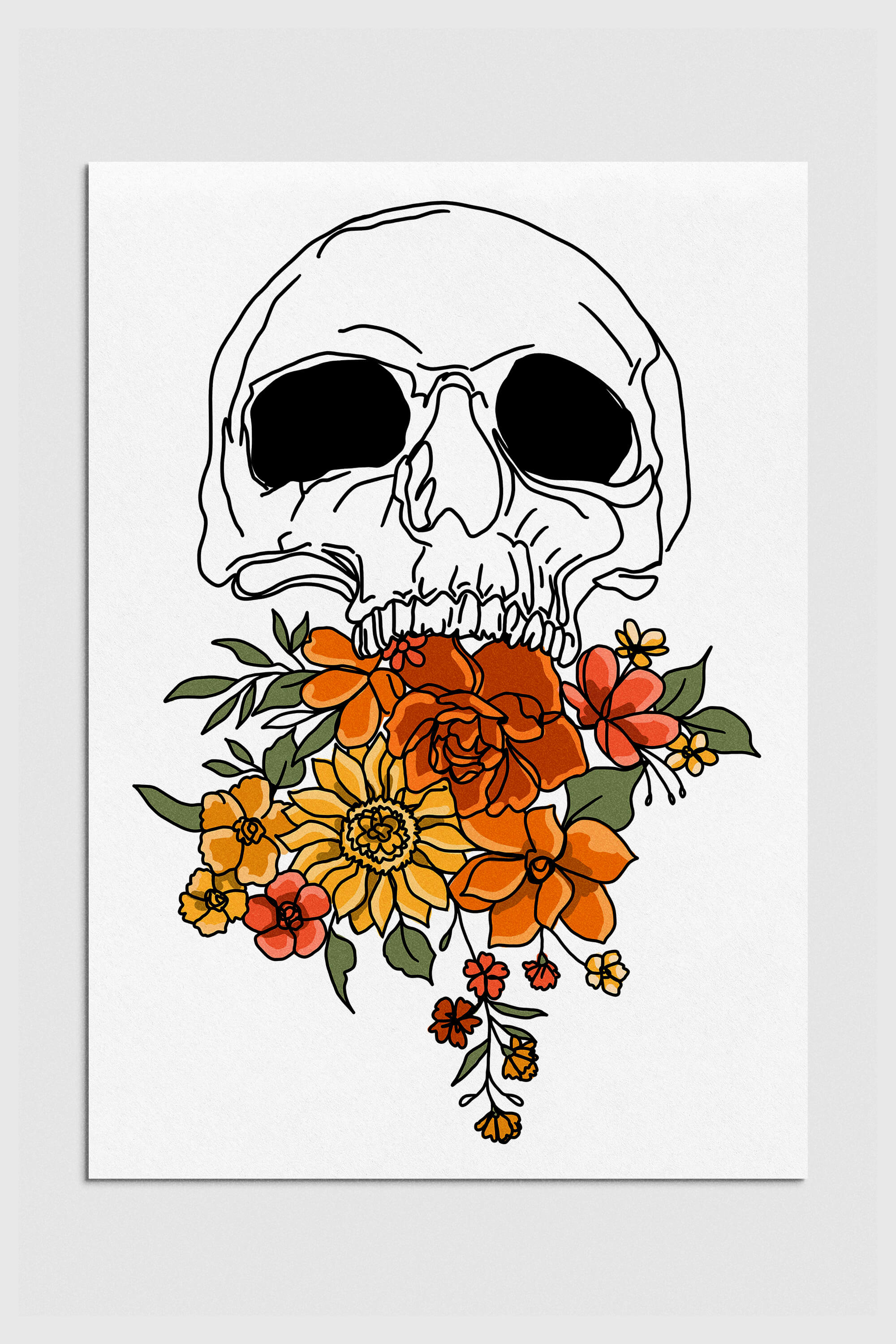 Floral Skull Artwork blending Gothic and abstract styles, perfect for unique home wall decor.