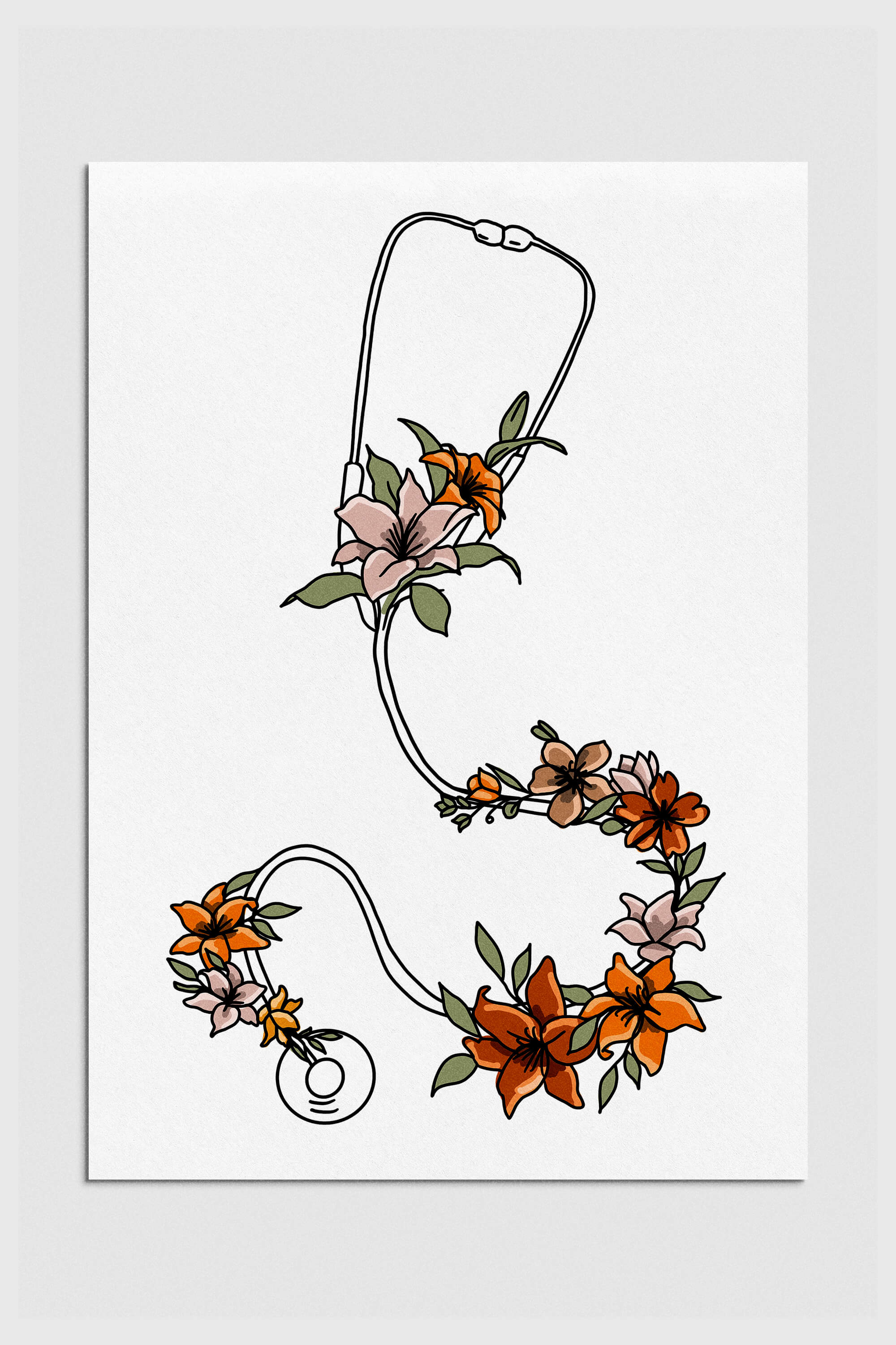 Artistic floral stethoscope print, a vibrant and colorful decor piece perfect for nurse's stations or medical offices.