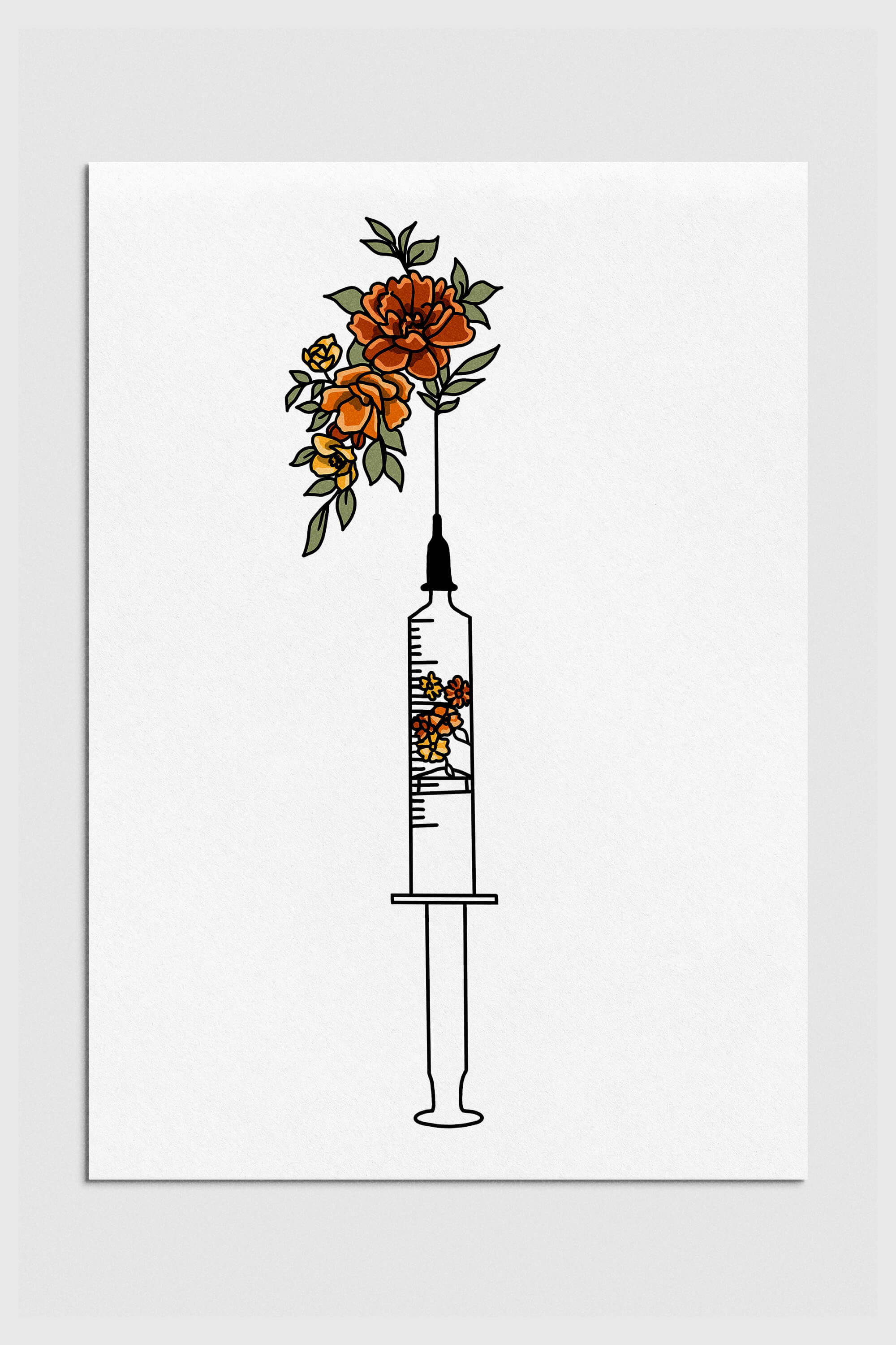 Floral Syringe Art Print offering a colorful accent to nursing office wall decor, blending medical and natural themes.