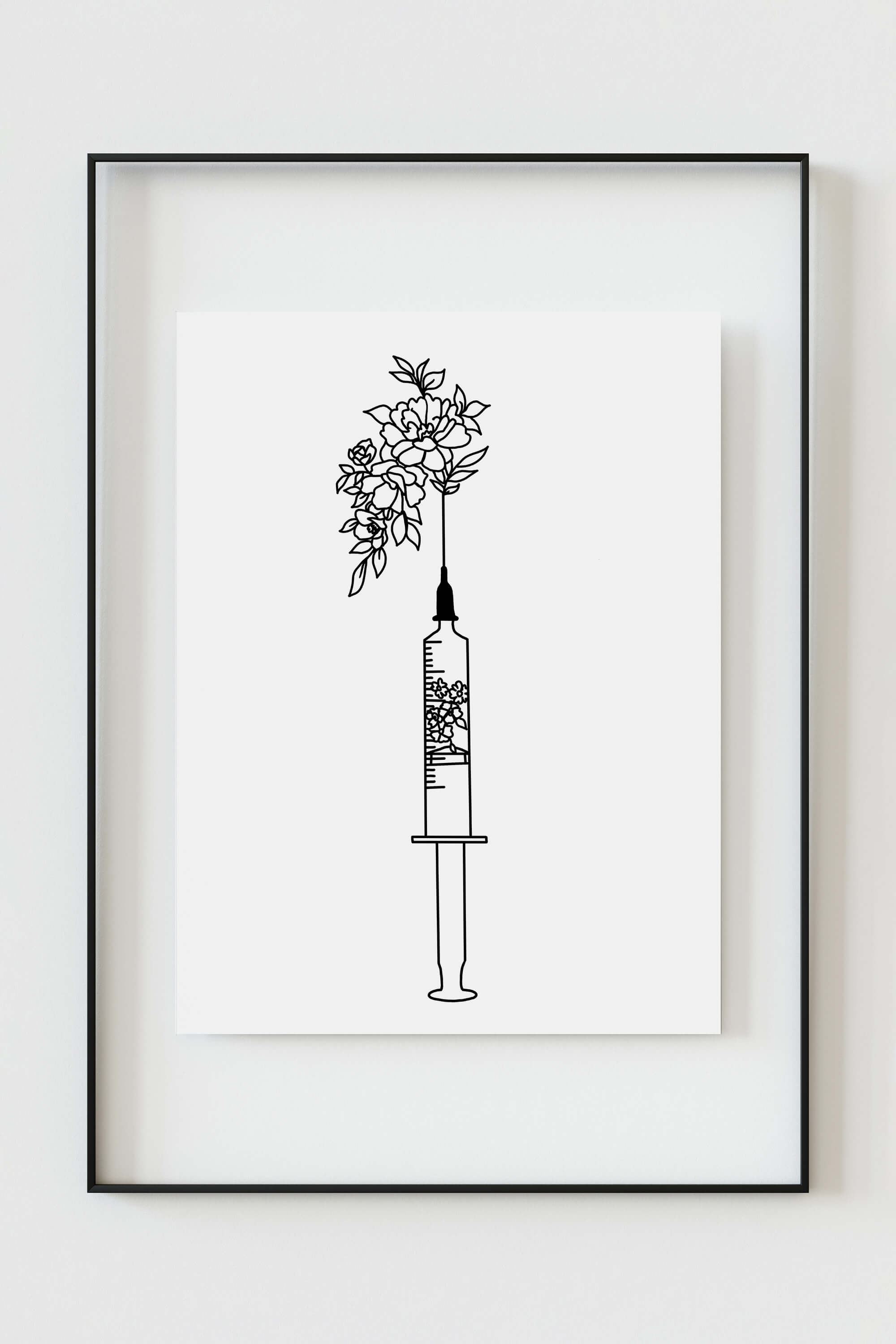 A captivating floral syringe poster, featuring a harmonious symphony of black and white tones. Meticulous line art intertwines with organic flower motifs, making it an ideal addition to science-inspired decor.