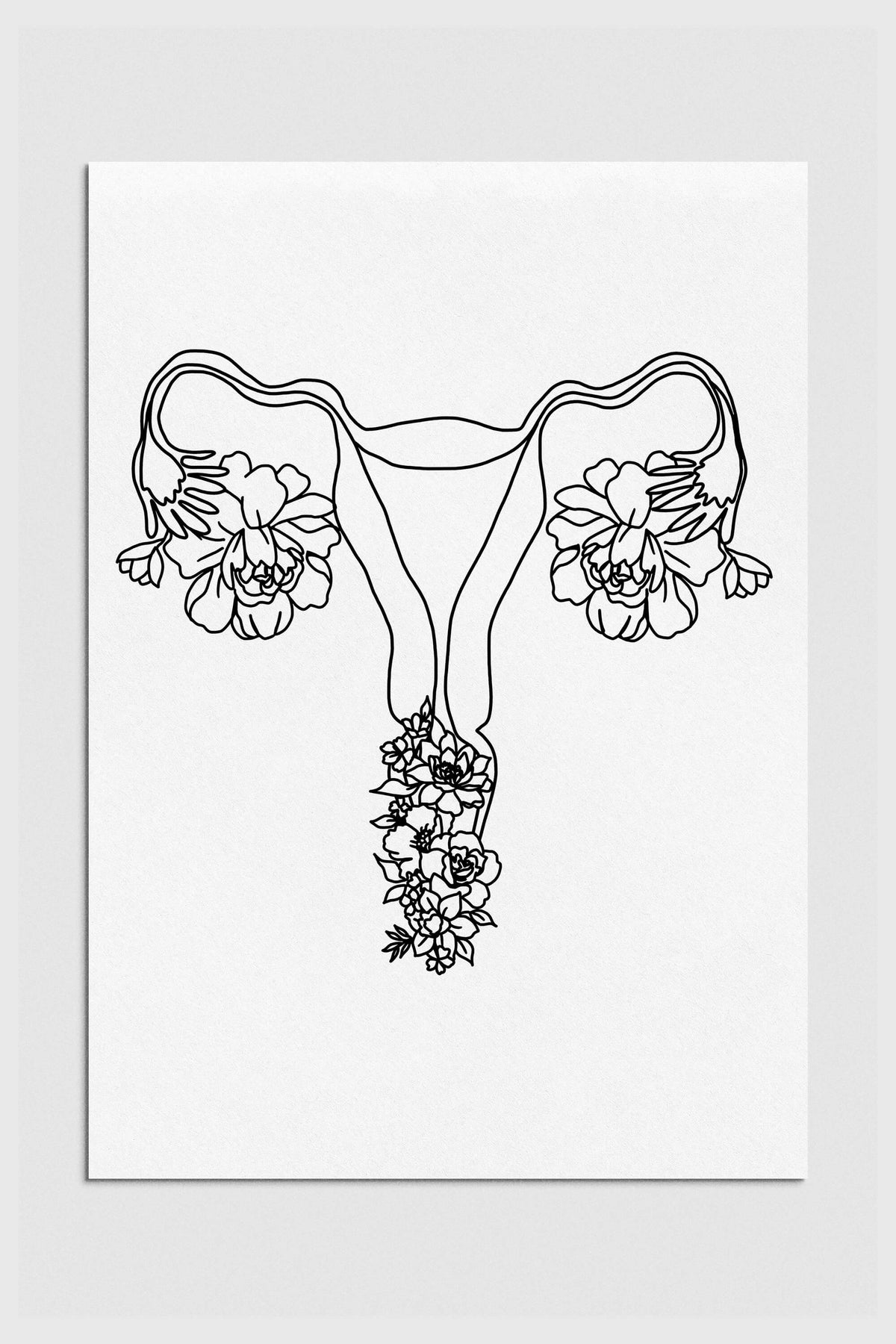 Floral Uterus Line Art in Black and White. A minimalist and empowering depiction of female anatomy, celebrating the beauty of life and femininity.