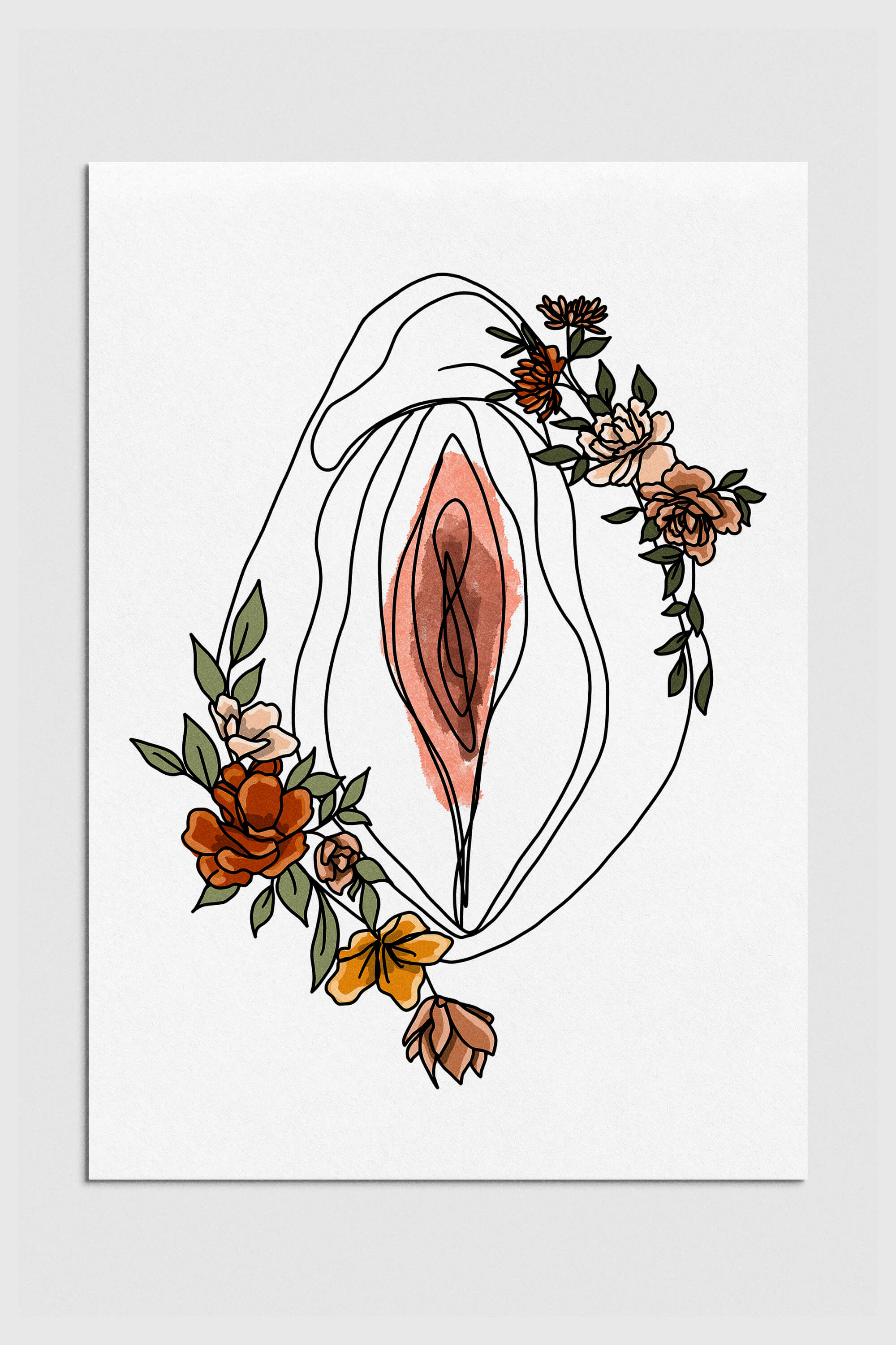 Floral Vagina Line Art Poster symbolizing feminist empowerment, perfect for modern wall decor.