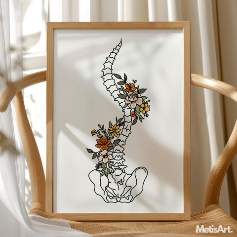 Detailed view of vertebrae and pelvis illustration with colorful botanical elements.