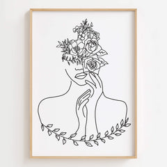 Black and white line art print of a woman with a floral head.