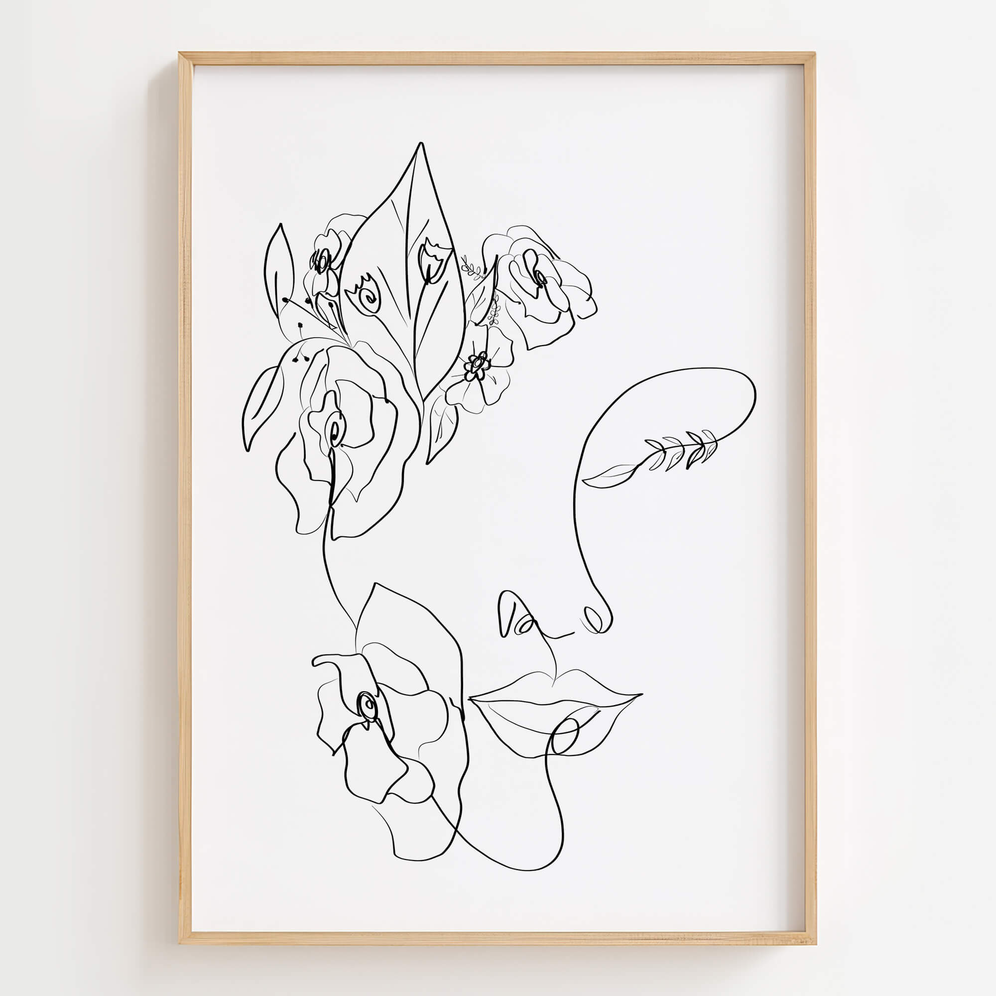 Floral Woman Face Portrait Line Art Print displayed in a modern living room, adding nature-inspired elegance to the space.