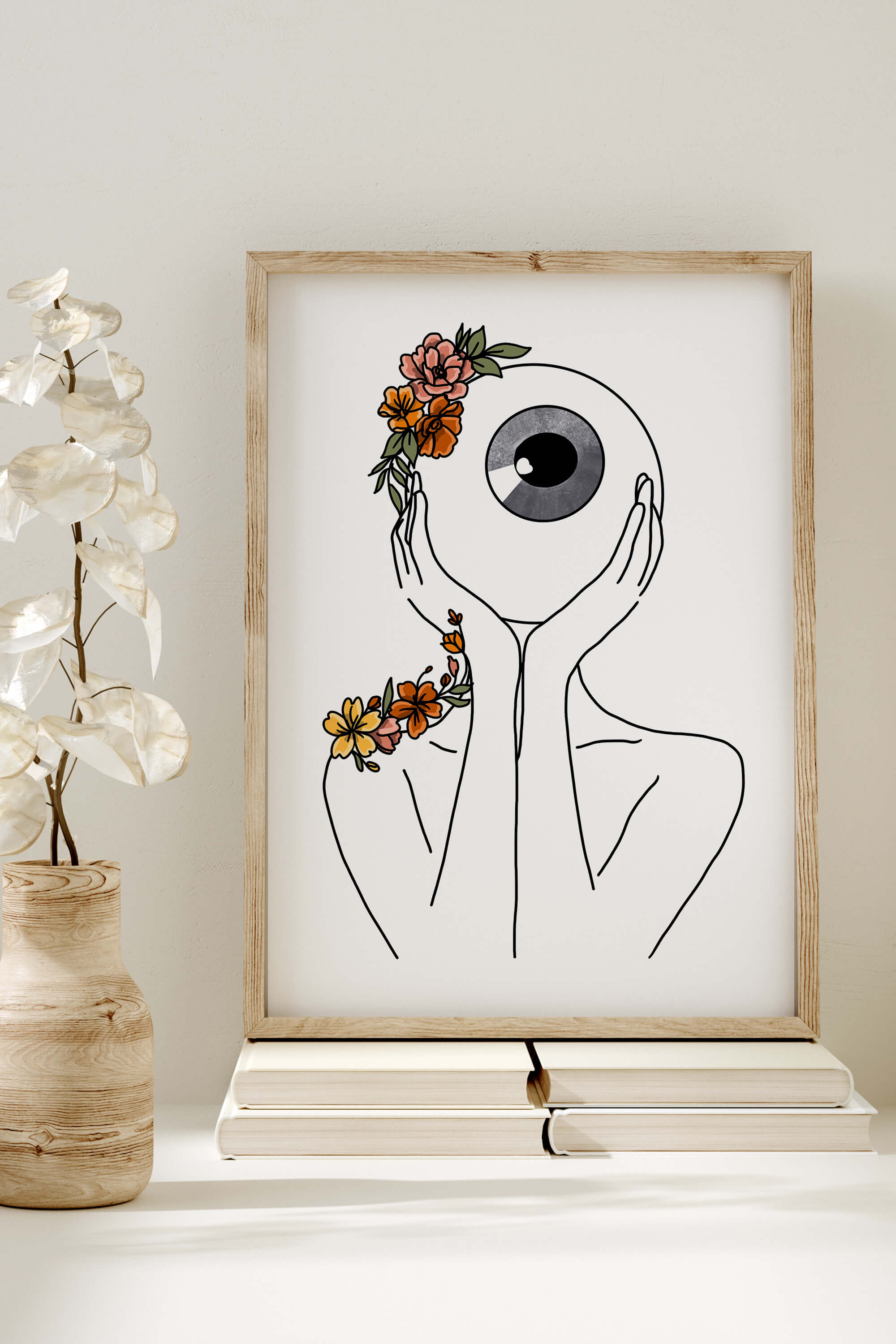 Eye-catching floral anatomy art, harmonizing eye details with abstract flowers.