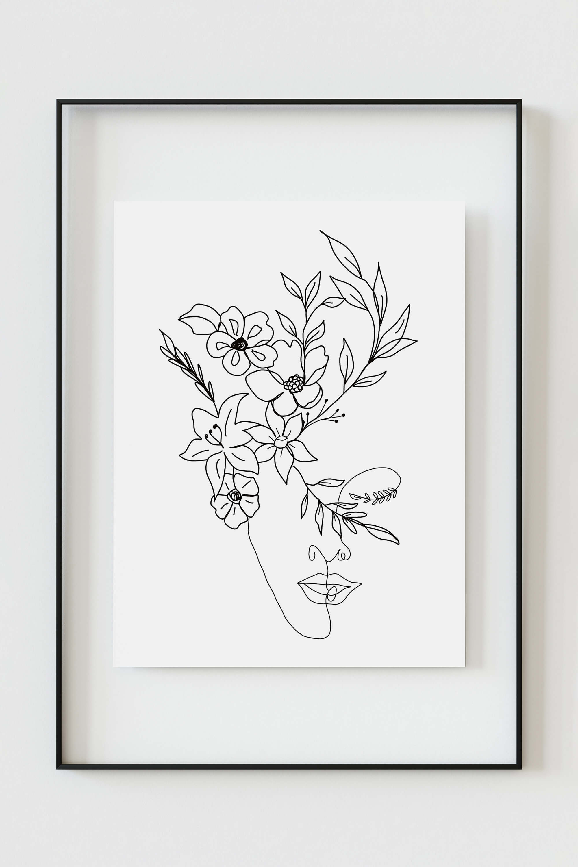 Abstract representation of a flower-faced woman in monochrome, creating a mesmerizing symphony of art. Nature-inspired wall decor that captivates with its intricate details and timeless beauty.