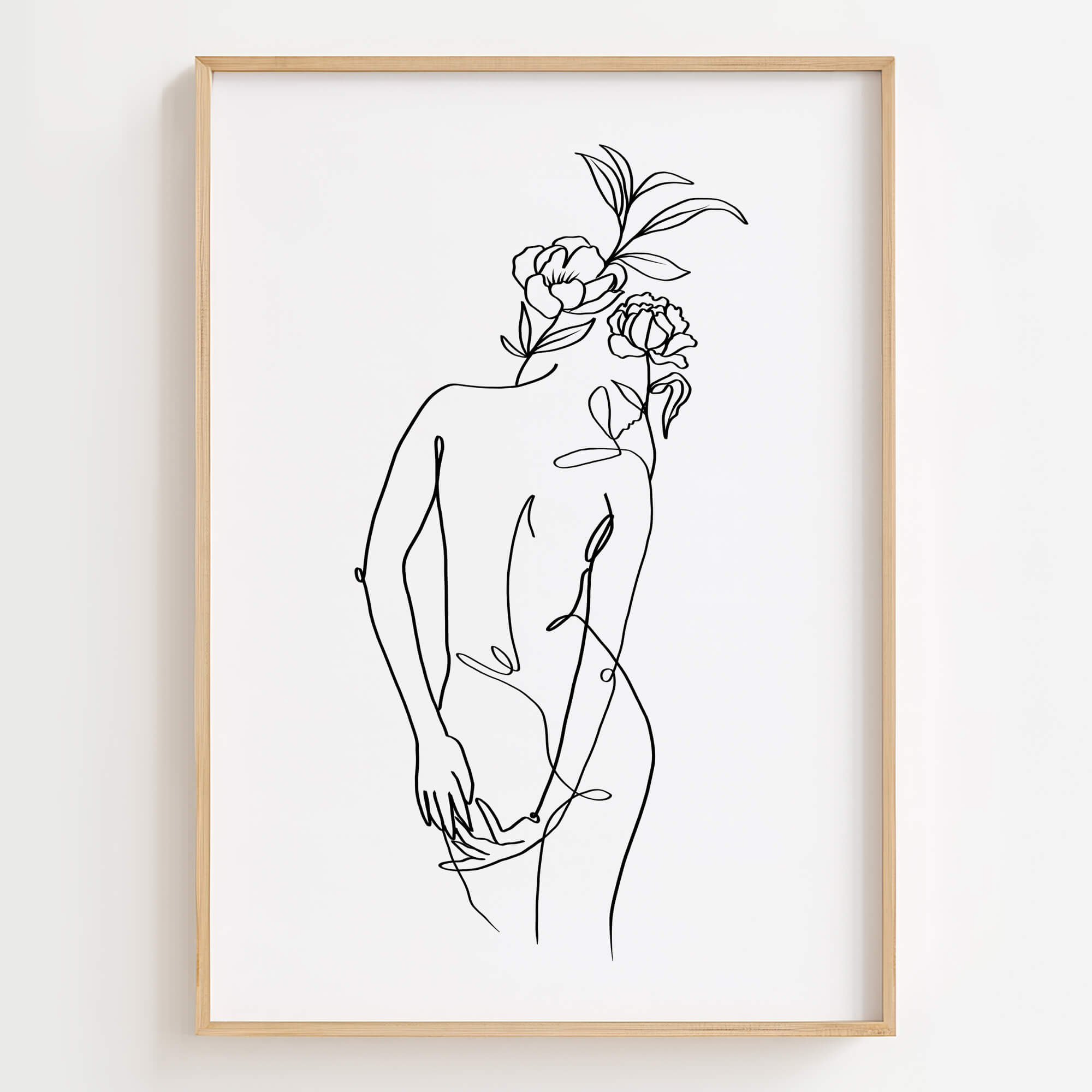 Flower Head Woman Back Form Line Art Print displayed in a bedroom, adding elegance and nature-inspired beauty to the space.