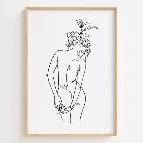 Flower Head Woman Back Form Line Art Print displayed in a bedroom, adding elegance and nature-inspired beauty to the space.