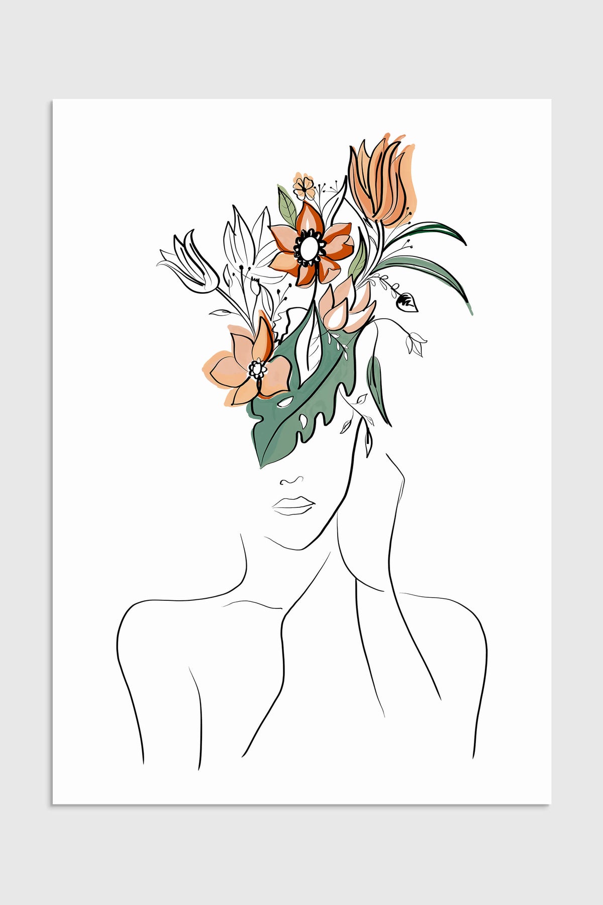 Flower Head Woman Line Art Print - Modern Feminine Body Poster
