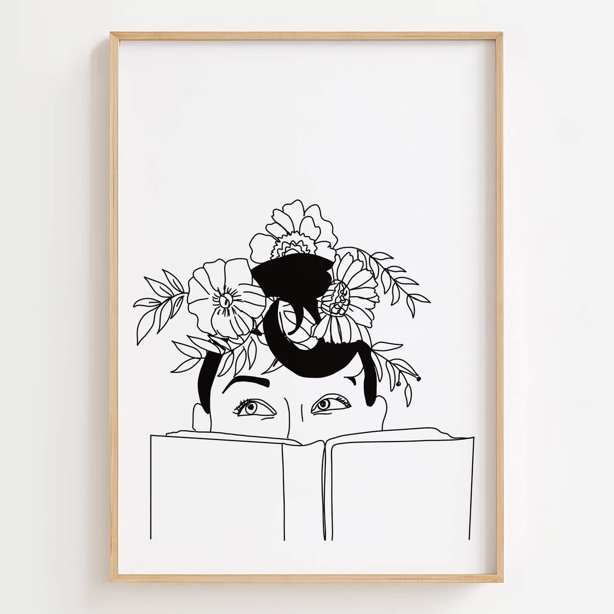 Flower Head Woman Reading Book Art Print displayed in a modern living room, adding elegance and serenity to the space.