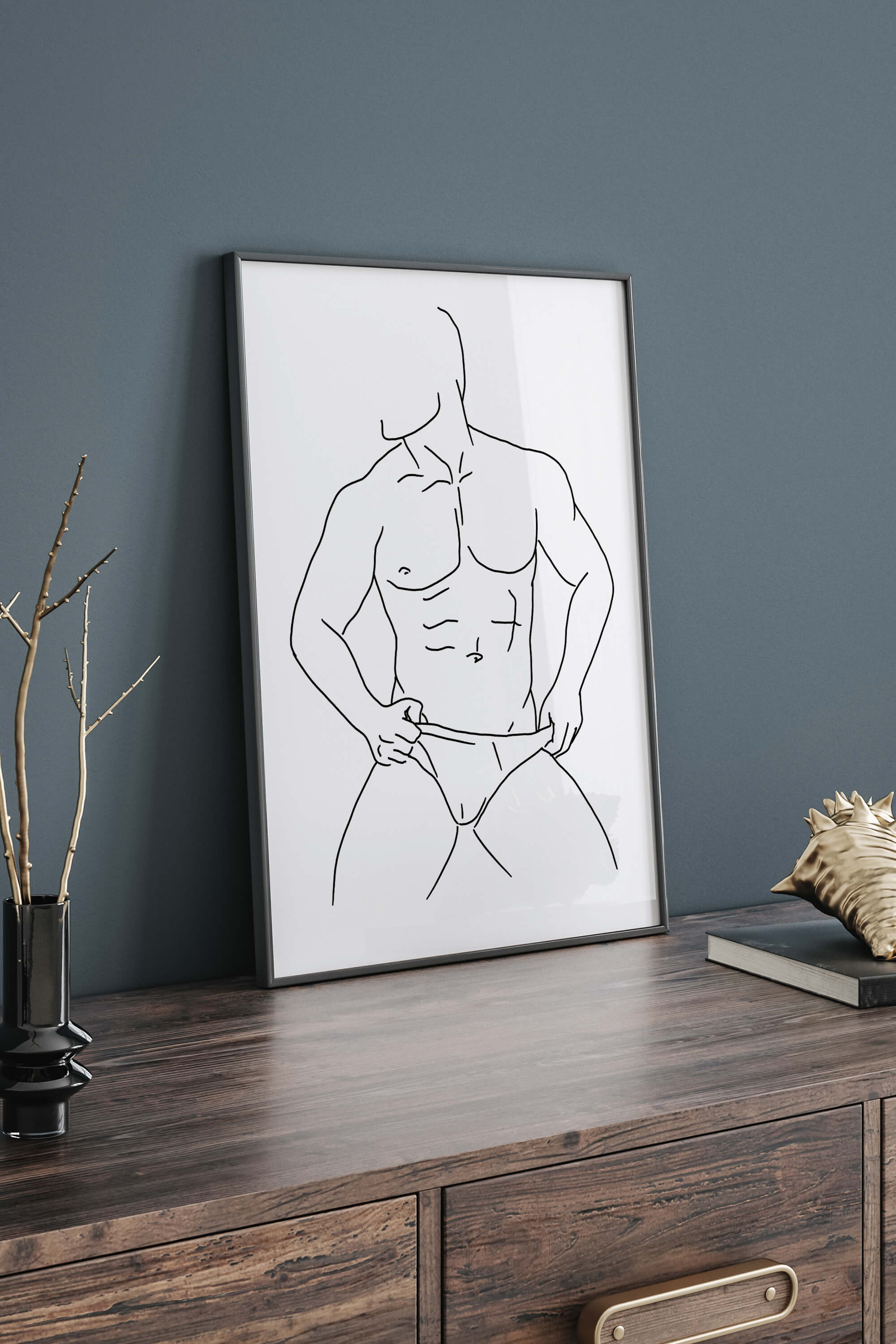 Elevate your space with this gay wall decor, showcasing sensual male line art in striking monochrome. Let the subtle details and artistic composition become a focal point of your surroundings.