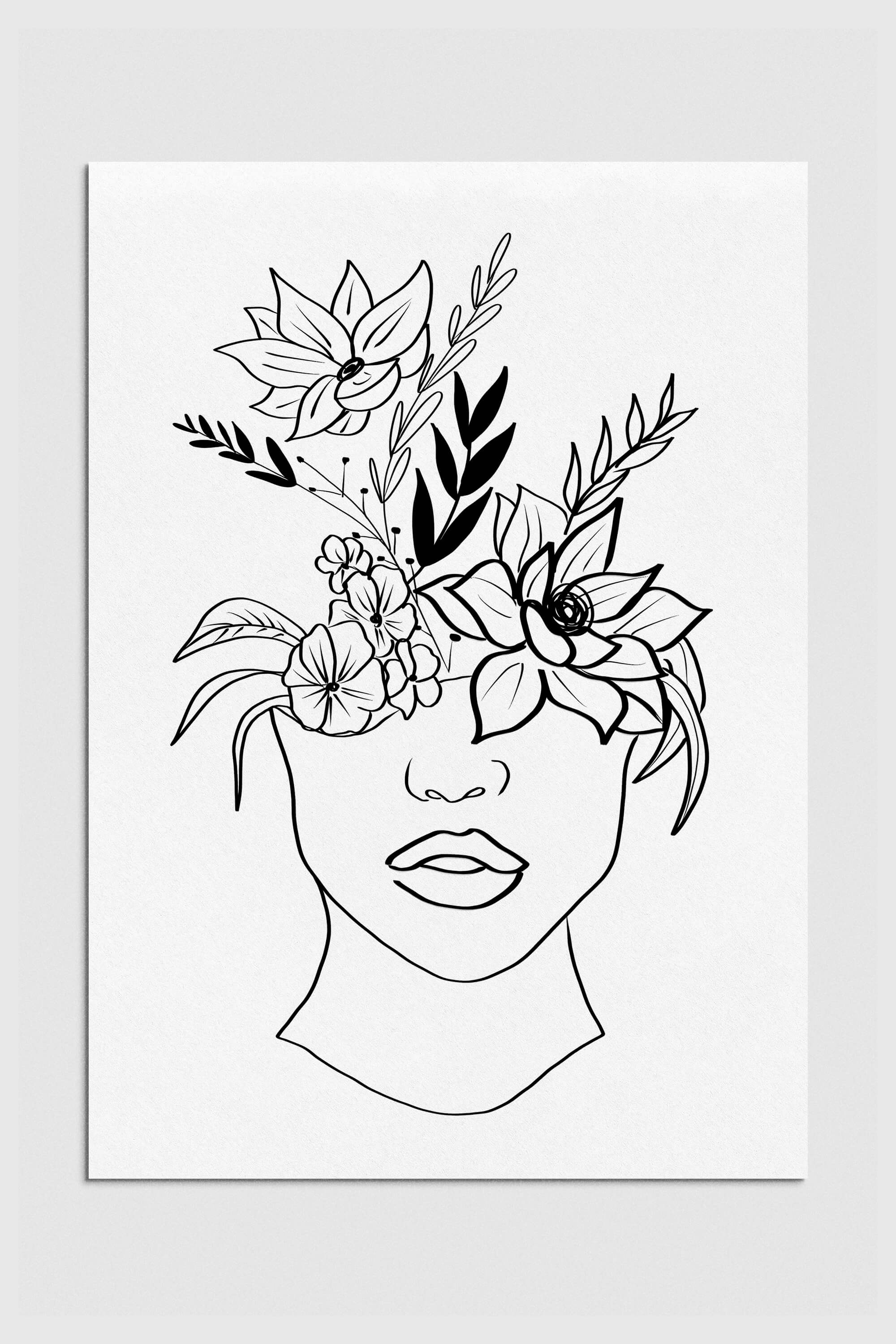 Black and white line art print featuring a woman with vibrant floral elements. Captures the essence of femininity and nature, ideal for elegant home decor.