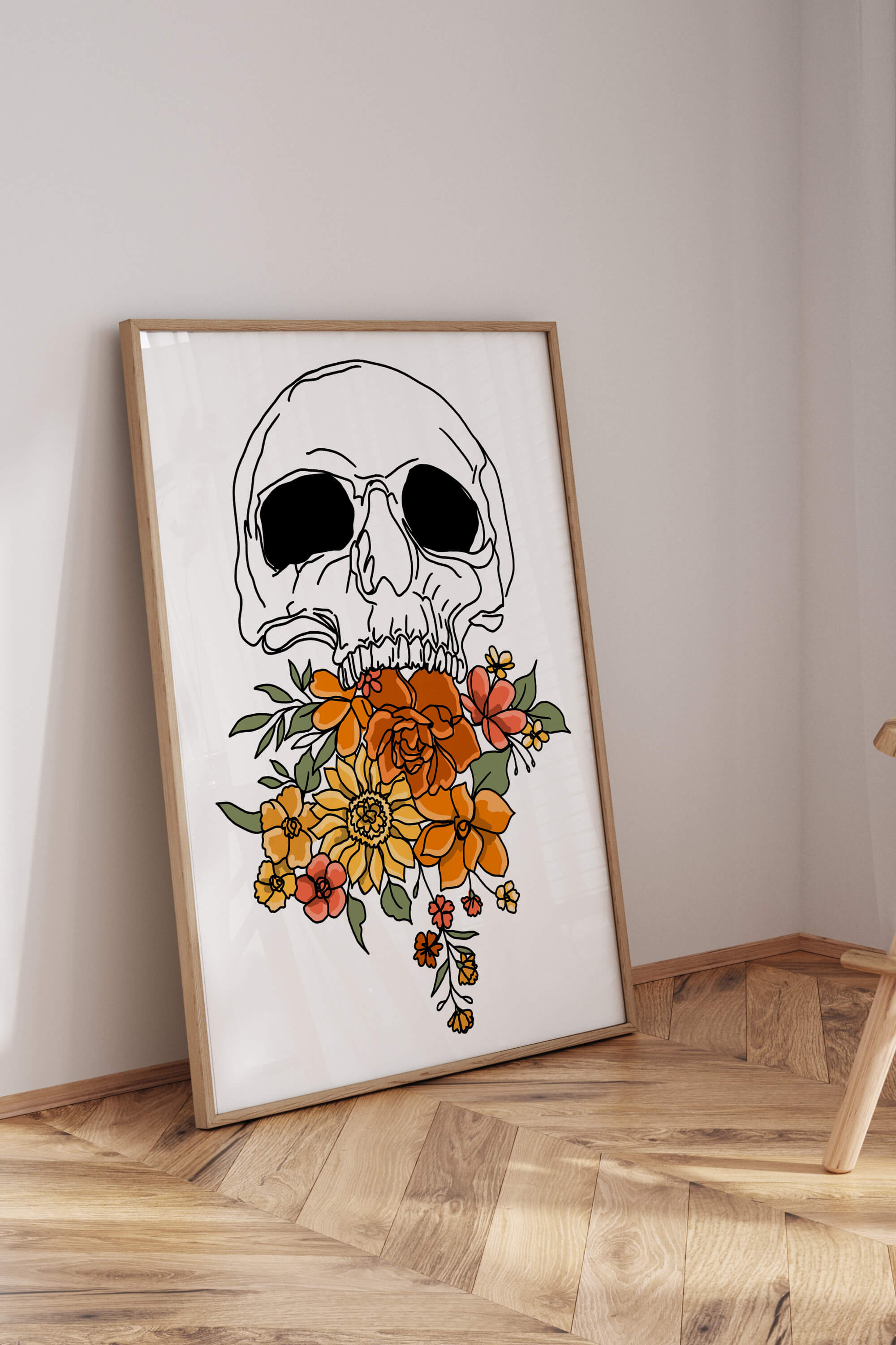 Artistic Gothic Floral Skull depiction in monochrome, ideal for creating a statement in home or office spaces.