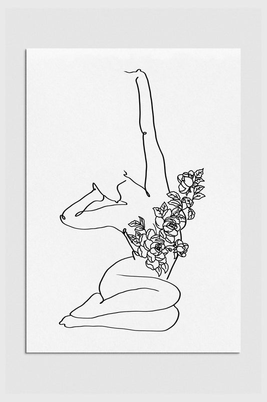 Elegant black and white art print featuring the graceful silhouette of a woman's body pose intertwined with intricate floral lines. Nature-inspired decor capturing sophistication and femininity. 2000
