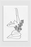 Elegant black and white art print featuring the graceful silhouette of a woman's body pose intertwined with intricate floral lines. Nature-inspired decor capturing sophistication and femininity.