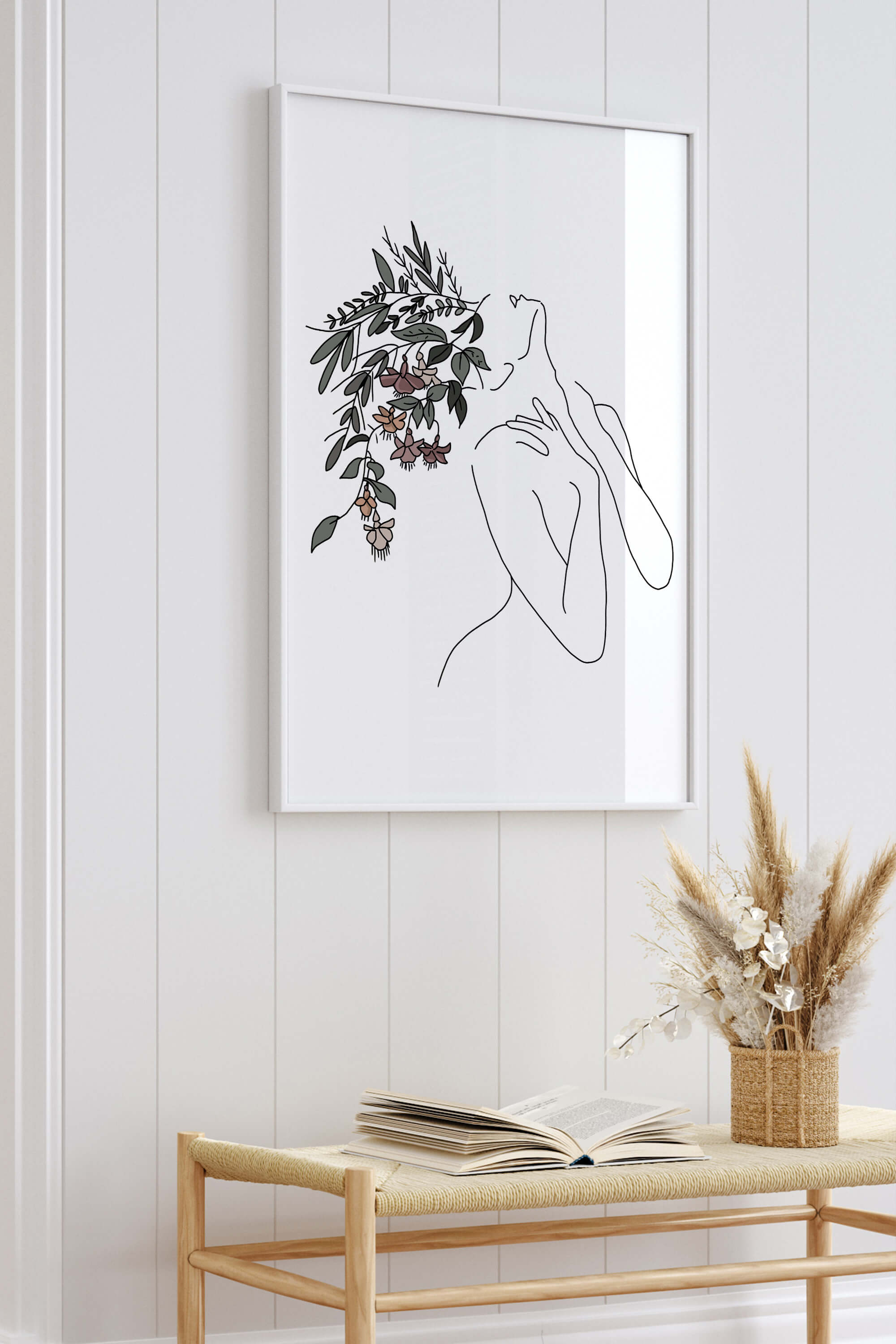 Woman with Flowers Line Art Drawing. Female Figure Minimalist