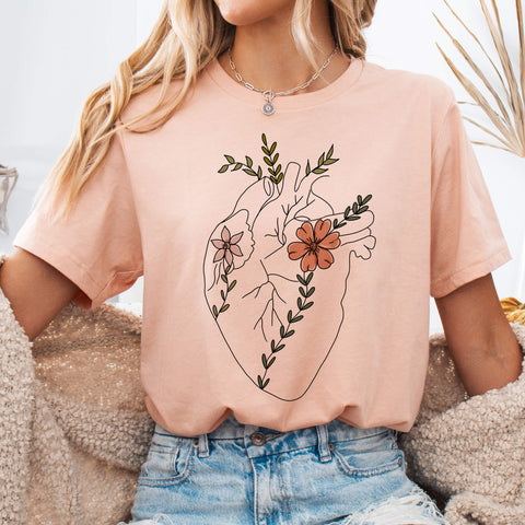 Heather Peach Floral Anatomical Heart Line Art T-Shirt 