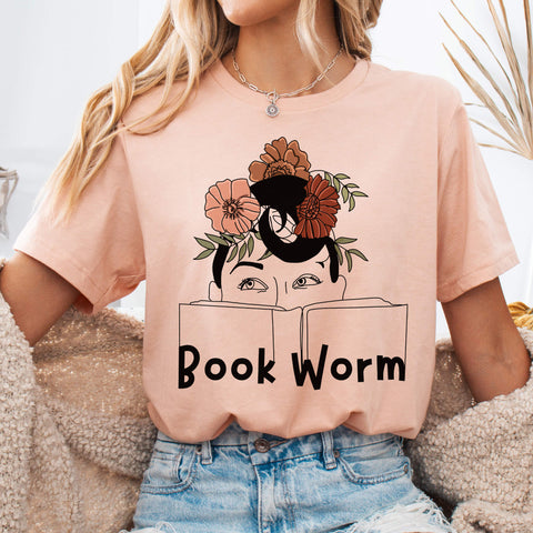 Heather Peach Floral Book Worm Line Art T-Shirt