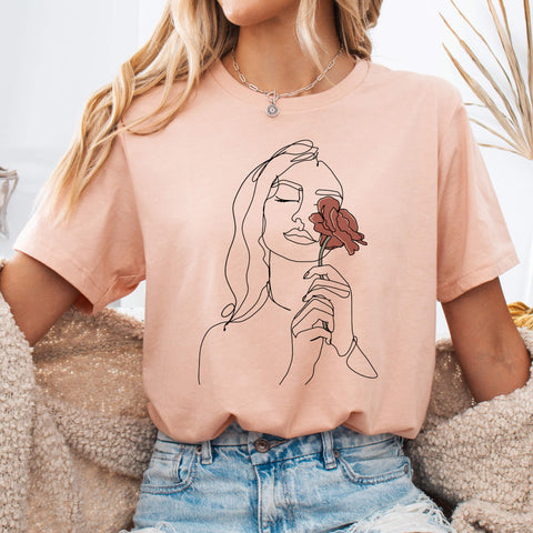 Heather Peach Elegant Woman with Rose Line Art T-Shirt