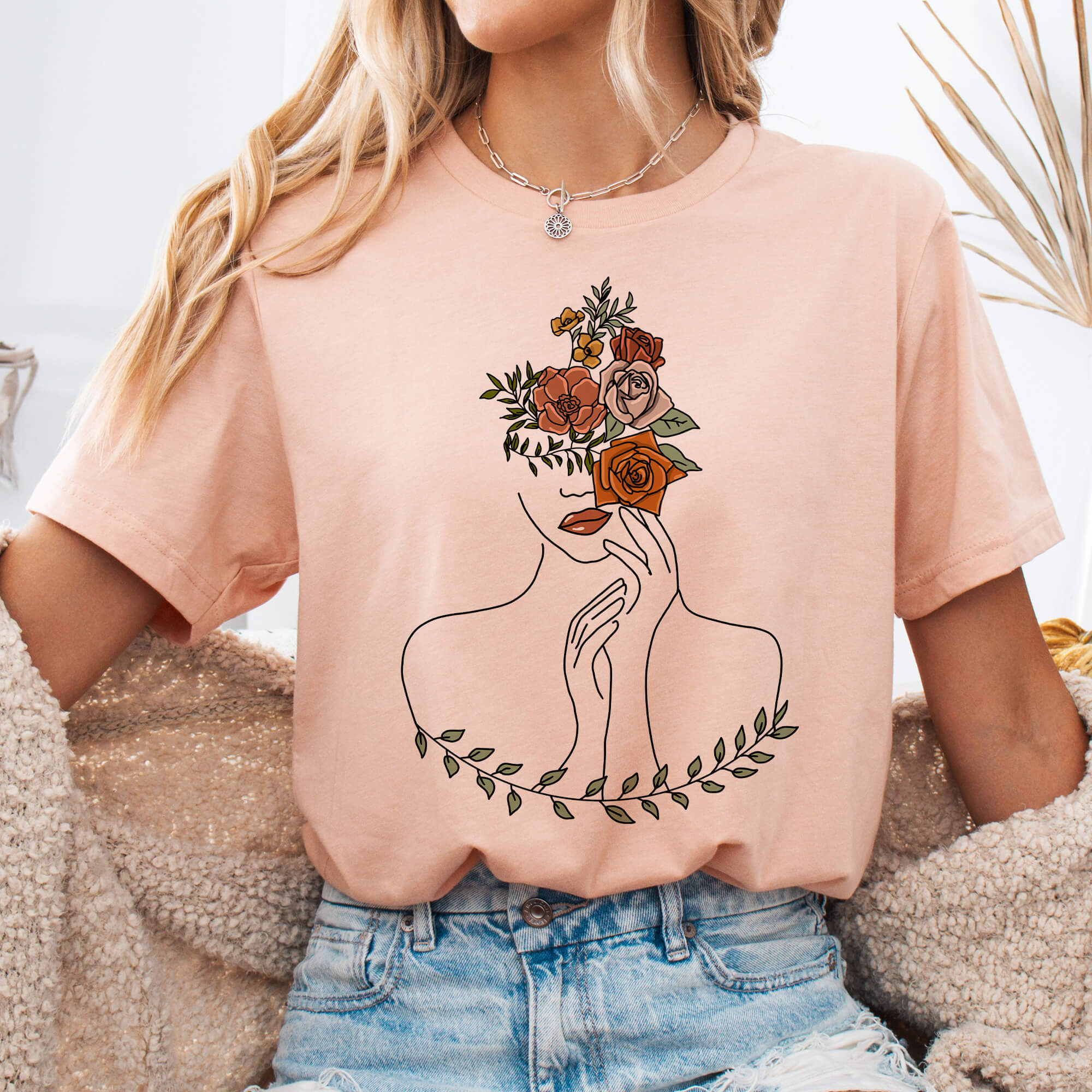 Heather Peach Woman & Flowers Line Art T-Shirt