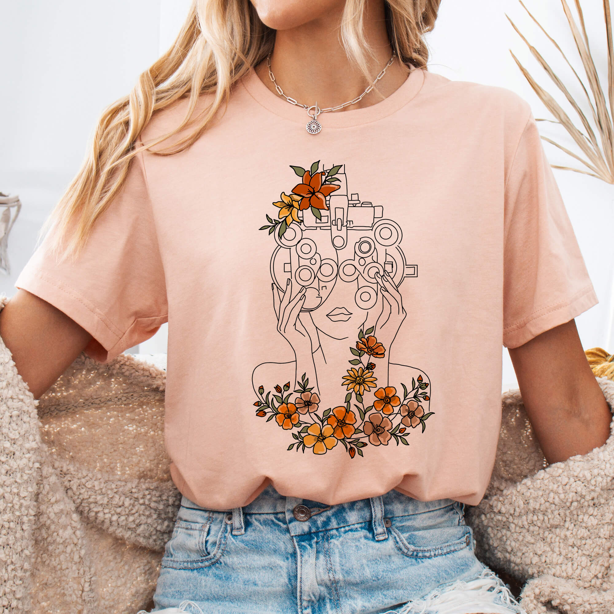 Heather Peach Floral Phoropter Line Art T-Shirt