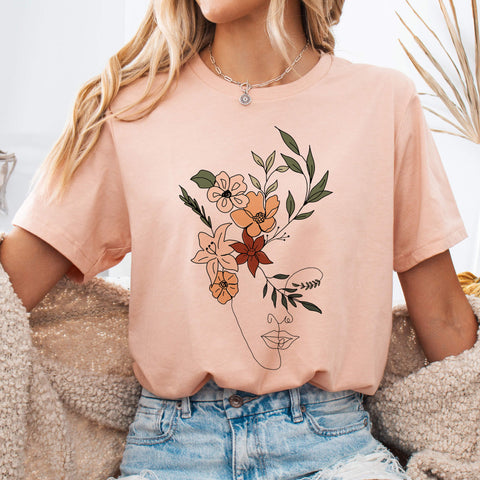 Heather Peach Floral Face Bloom Line Art T-Shirt