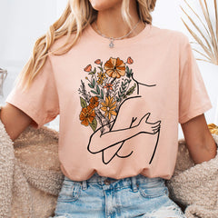Heather Peach Self Love Floral Hug Line Art T-Shirt