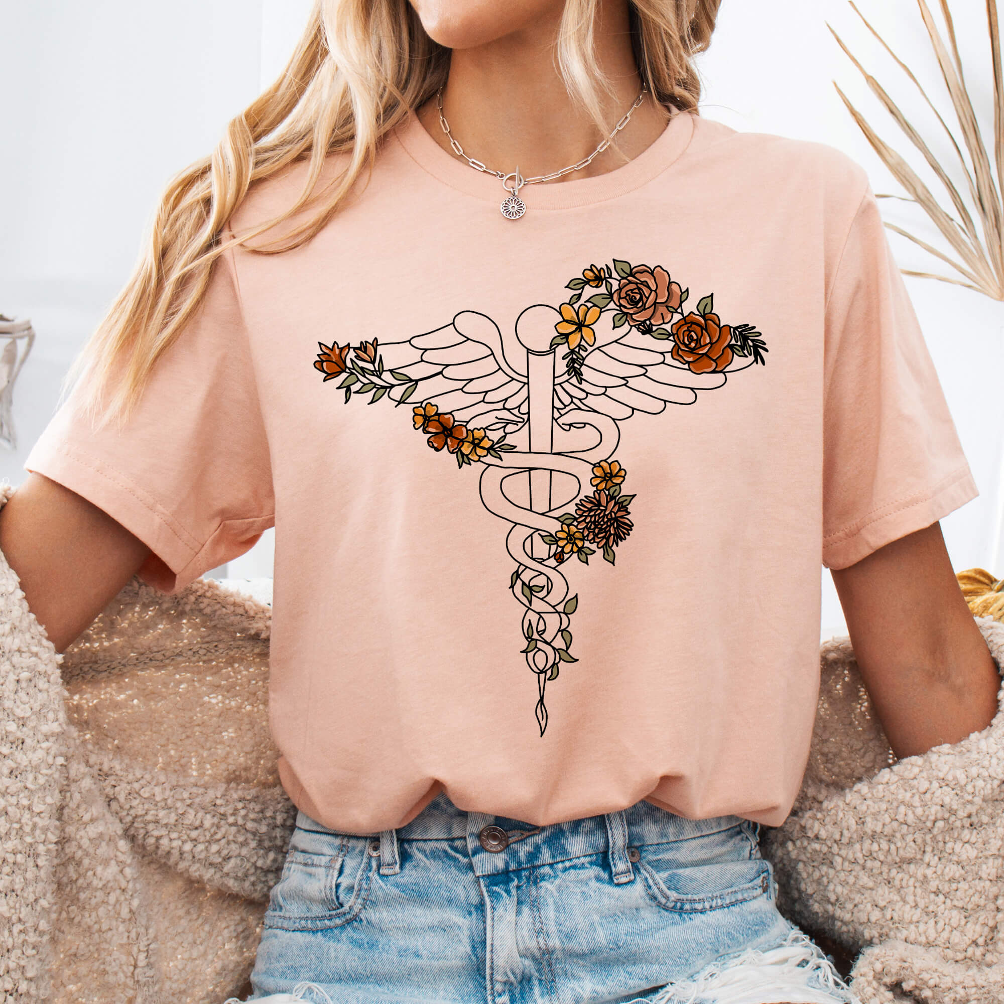 Heather Peach Floral Caduceus Medical Symbol T-Shirt