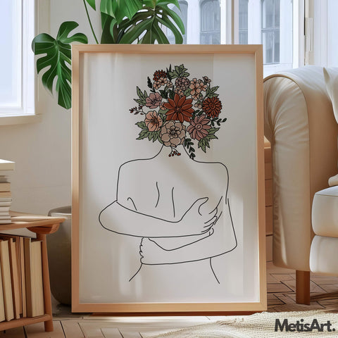 Contemporary art print representing self-love with a woman hugging herself and floral head.