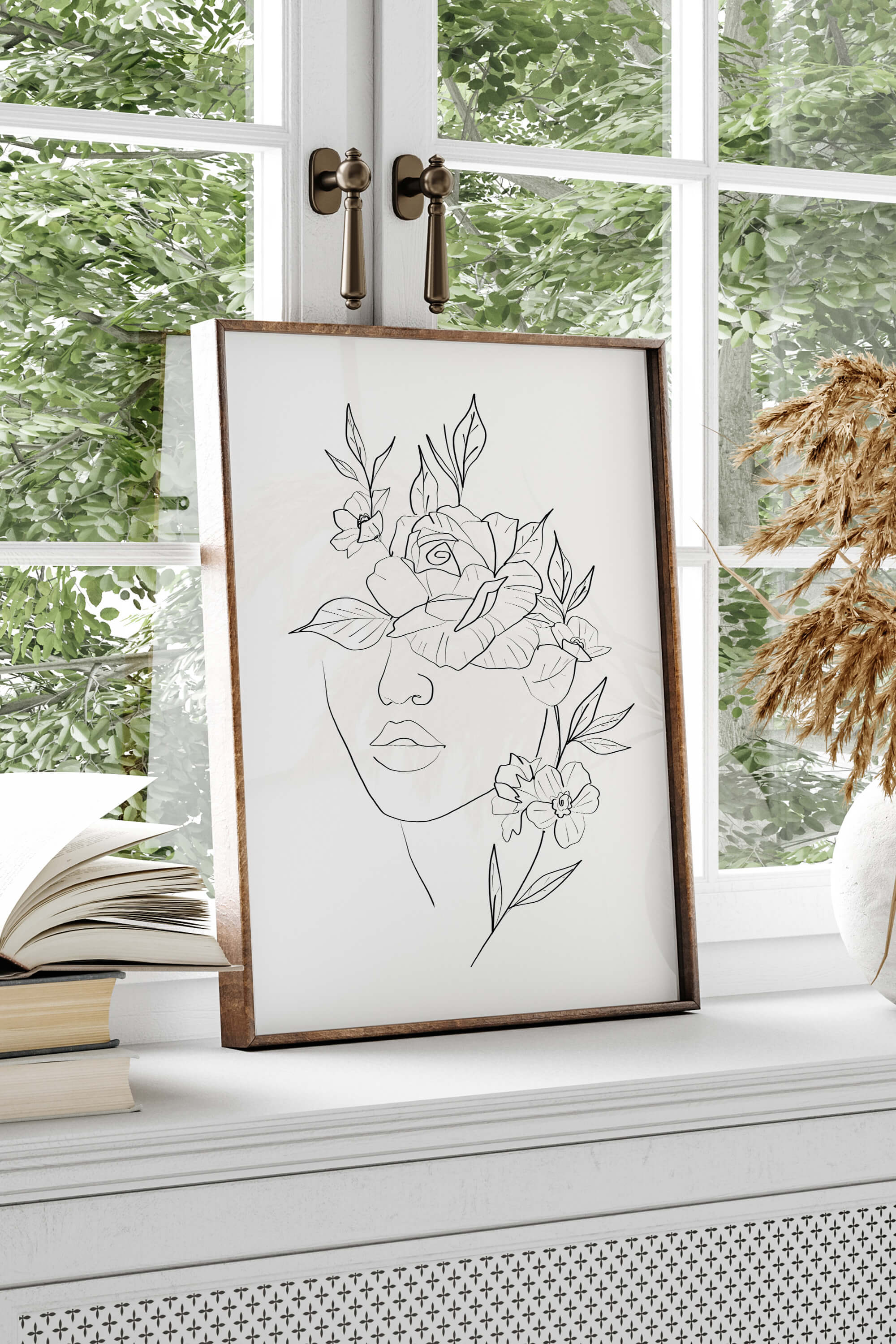 A celebration of nature's grace, this line art print captures the essence of femininity with a woman's face adorned by intricate floral details, offering a unique and captivating visual experience.