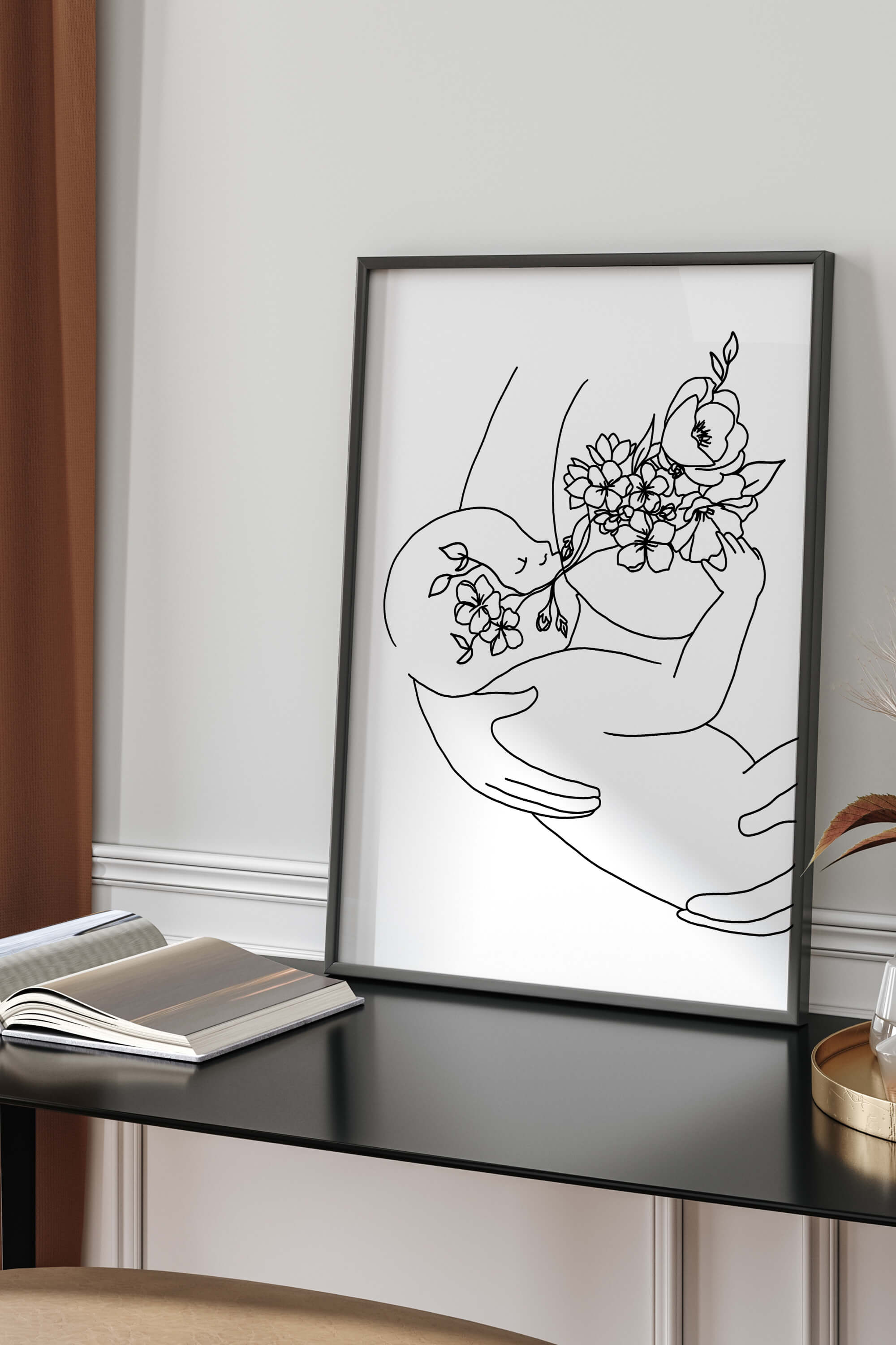 Dive into the story of motherhood with this monochrome floral mother and baby wall art, weaving a tale of love, life, and botanical beauty for an emotionally resonant home decor choice.