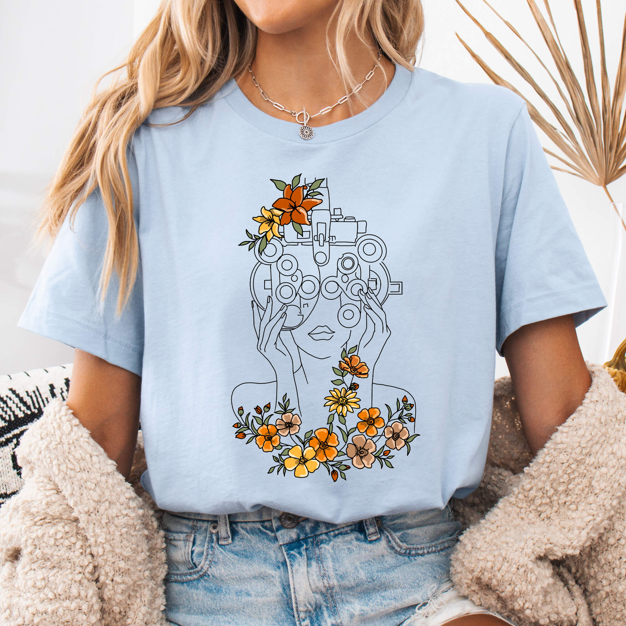 Light Blue Floral Phoropter Line Art T-Shirt
