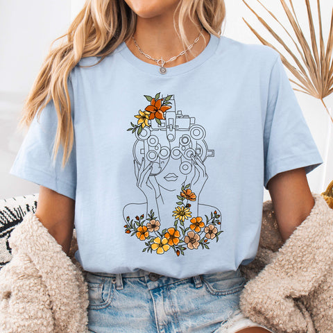 Light Blue Floral Phoropter Line Art T-Shirt