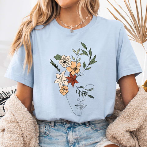 Light Blue Floral Face Bloom Line Art T-Shirt