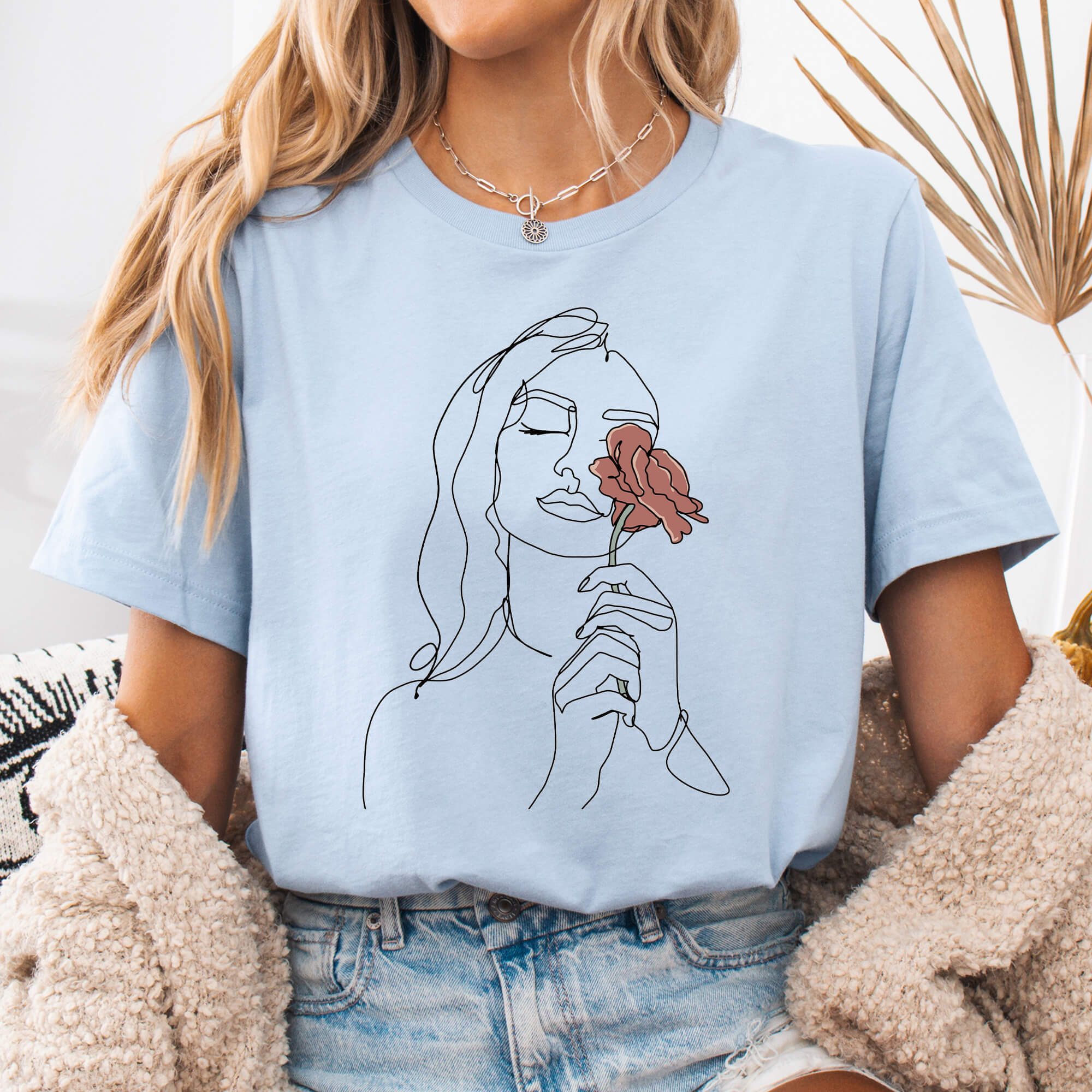 Light Blue Elegant Woman with Rose Line Art T-Shirt
