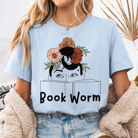Light Blue Floral Book Worm Line Art T-Shirt