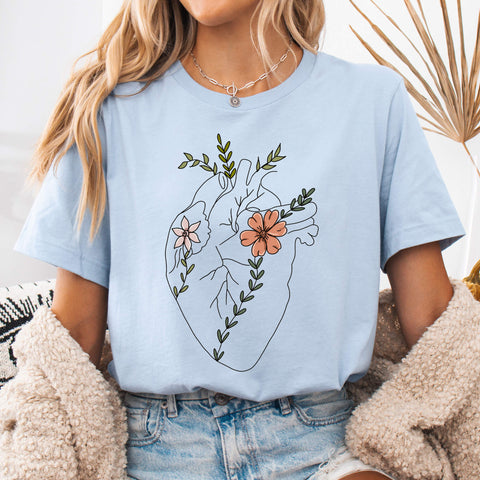 Light Blue Floral Anatomical Heart Line Art T-Shirt 