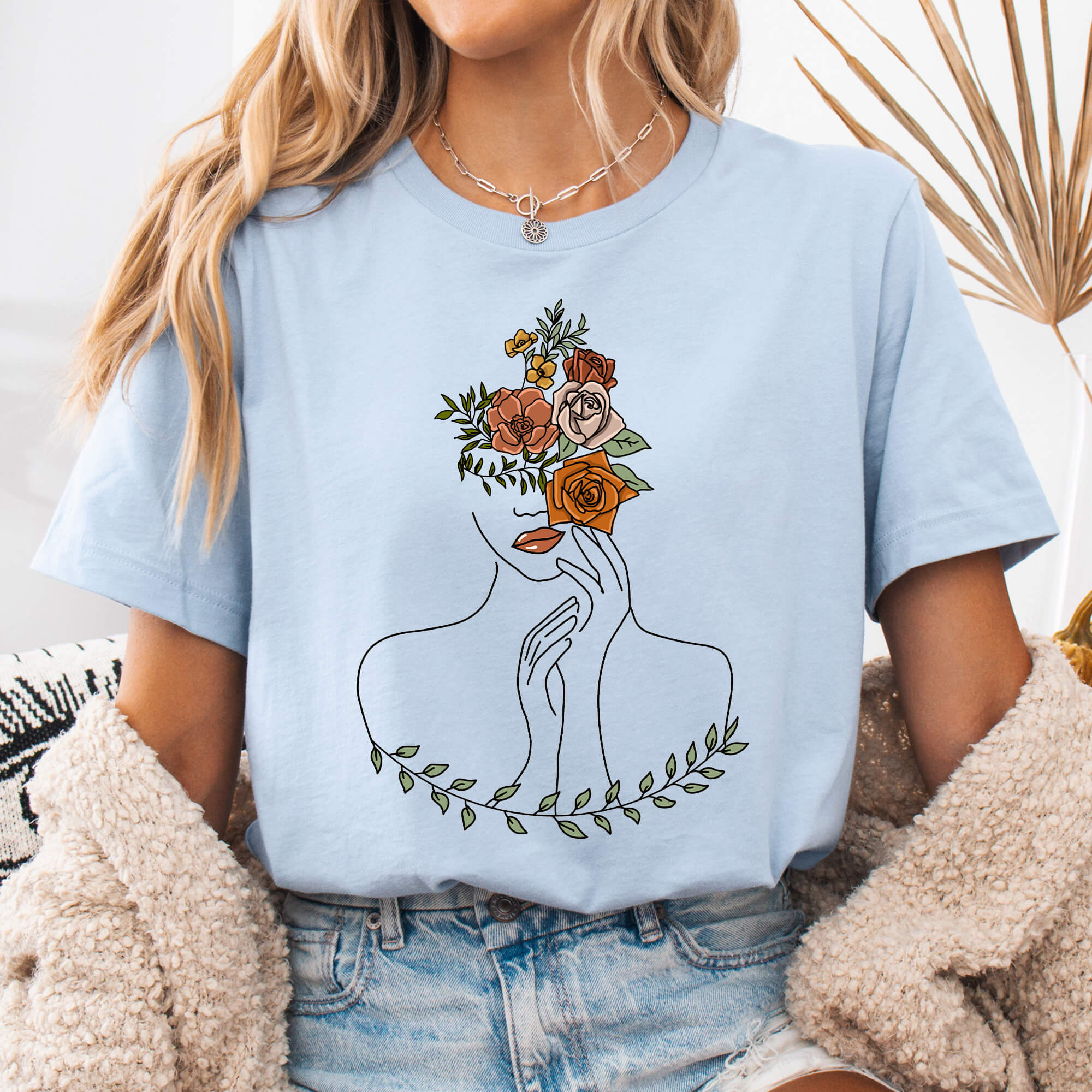 Light Blue Woman & Flowers Line Art T-Shirt
