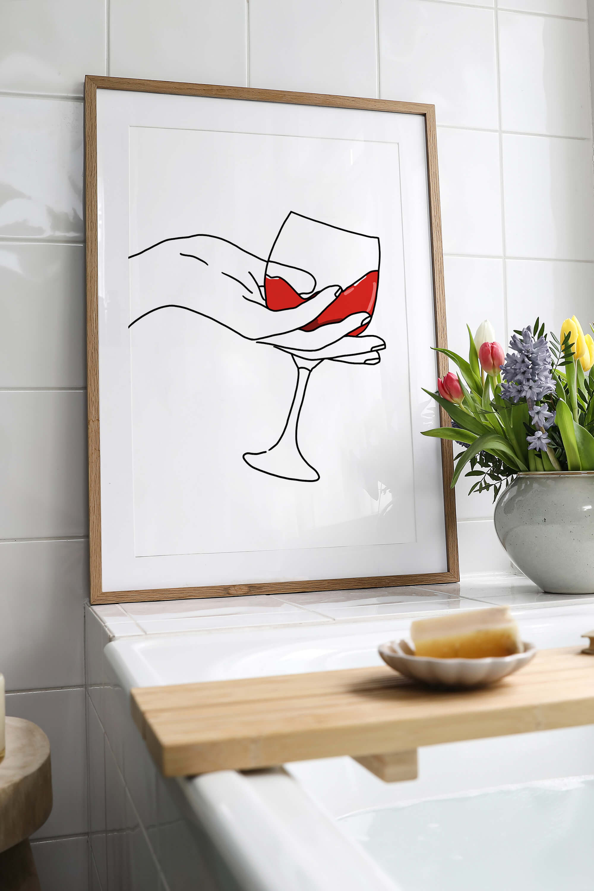 Tactile Connection: Woman's Hand Grasping Wine Glass in Line Art.