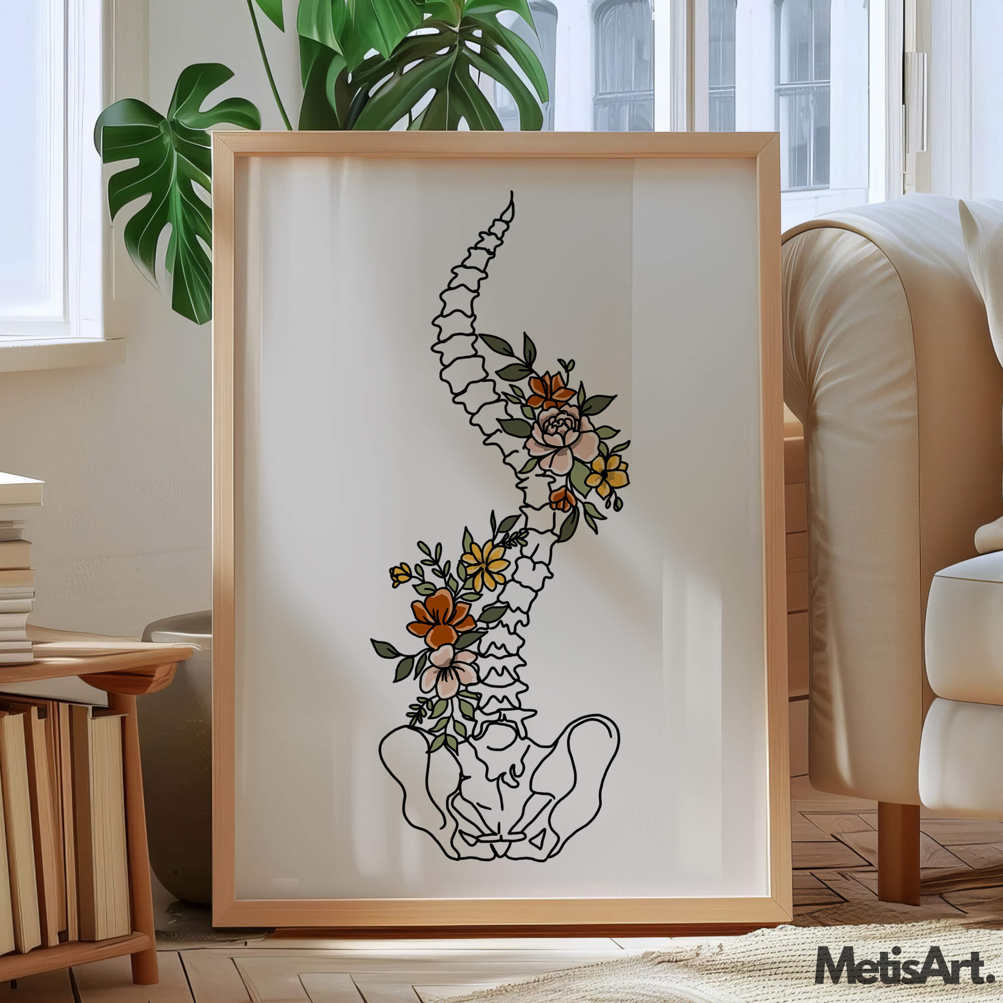 Artistic spine and pelvis drawing with flowers in contemporary wellness space.