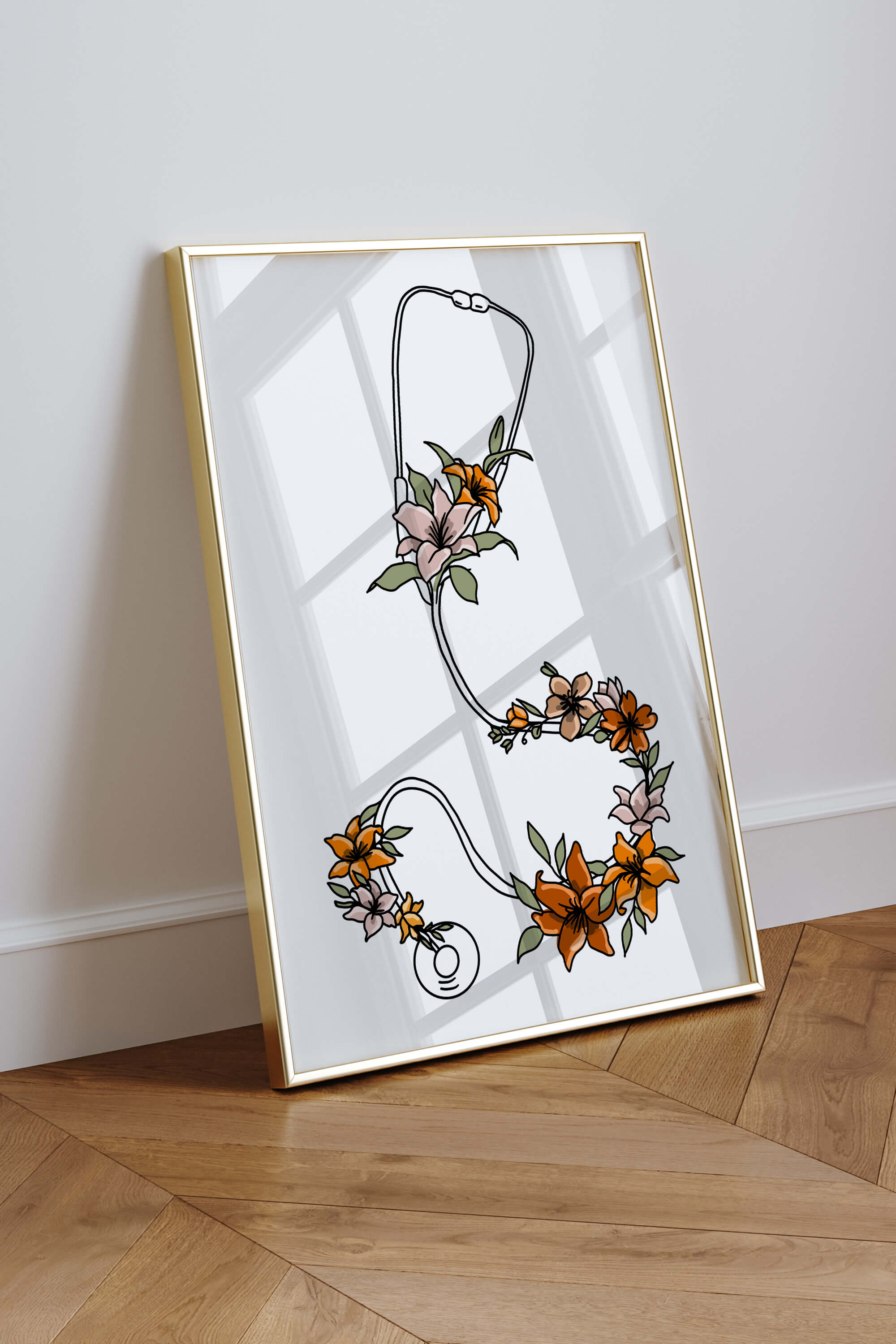 Medical professional stethoscope artwork with floral design, a thoughtful gift for nurses and doctors.